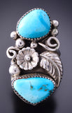 Vintage Size 10-1/4 Silver & Turquoise Feathers Navajo Ring Kevin Yazzie 3J30R