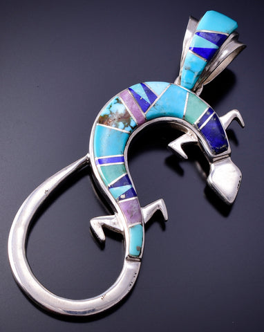 Silver Multistone Navajo Inlay Desert Lizard Pendant by Evangeline Davis 4L20D