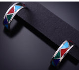 Silver & Turquoise Multistone Navajo Inlay Half Hoops by Roger Morgan 6D27W