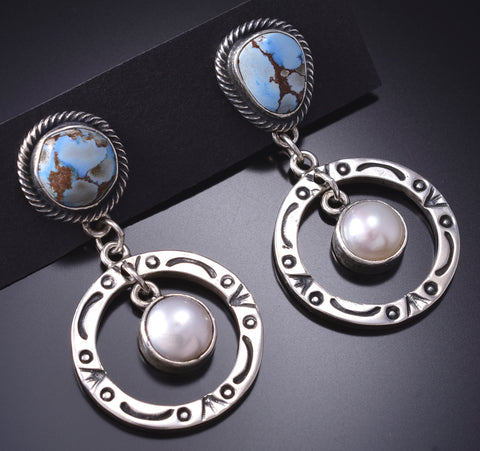 Silver & Golden Hills Turquoise w/ Fresh Pearl Navajo Earrings Erick Begay 6C02K