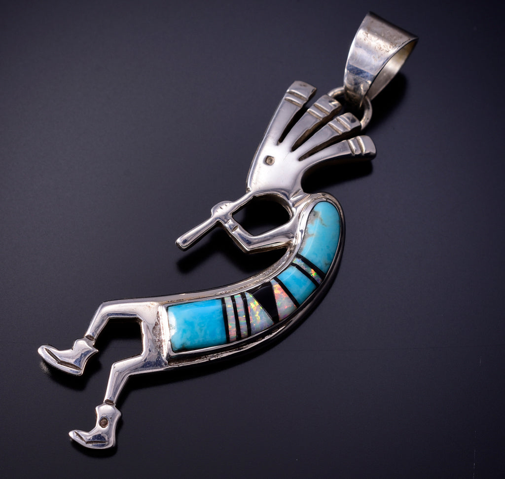 Silver & Turquoise Multistone Navajo Inlay Kokopelli Pendant