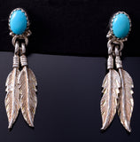 Silver & Turquoise Eagle Feathers Navajo Post Dangle Earrings 5F10W