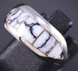 Size 9-3/4 Silver & White Buffalo Turquoise Navajo Inlay Ring by Norvin Johnson 5L25X