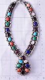 Vintage Silver & Turquoise Multistone Navajo Handmade Necklace stamped FA 5H21T