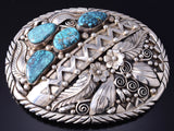 Heavy Vintage Silver & Turquoise Navajo Feathers Mountains Buckle by Fred Guerro 6A21Y