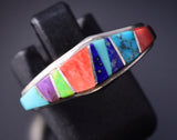 Size 7-1/2 Silver & Turquoise Multistone Navajo Inlay Ring - Rose Ann Long 5L07W