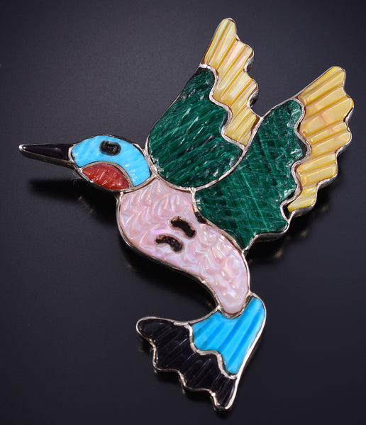Silver & Turquoise Multistone Zuni Inlay Hummingbird Brooch - Tamara Pinto 5L05C