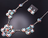 Silver & Turquoise Multistone Zuni Inlay Flowers Necklace & Earring Set by Carol Niiha 3F19B