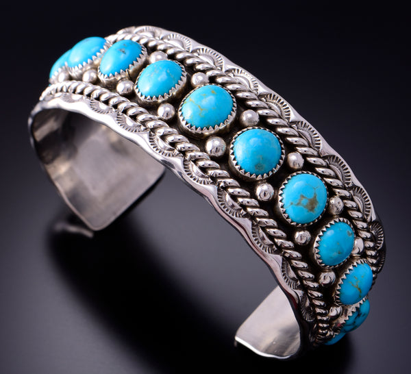 Silver & Kingman Turquoise Navajo Handmade Bracelet by Chester Charley 3F10B