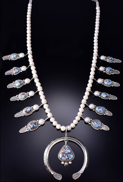 Silver & Golden Hills Turquoise Pearl Navajo Squash Blossom by Erick Begay 6F28X