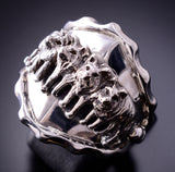 Size 12-3/4 Silver Navajo Handmade Strong Wolfpack Men's Ring by RB 4A25Z
