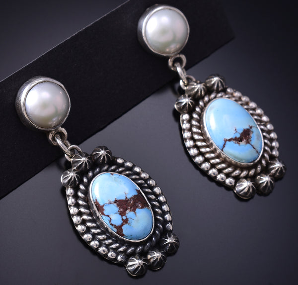 Silver & Golden Hills Turquoise Fresh Pearl Navajo Earrings by Erick Begay 6F28G