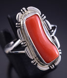 Size 7-3/4 Silver & Coral Navajo Handmade Ring by Norvin Johnson 5L26W