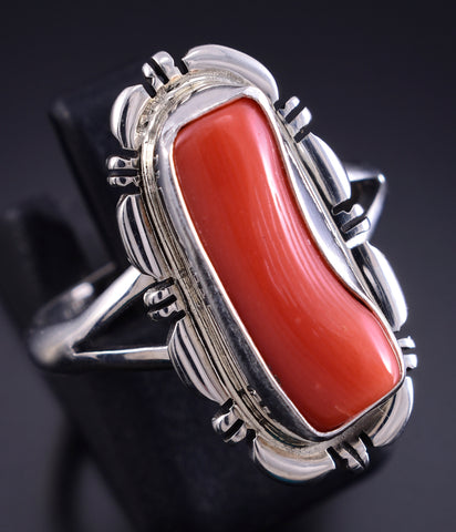 Size 7-3/4 Silver & Coral Navajo Handmade Ring by Norvin Johnson 5L26W