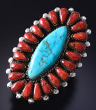Vintage Size 7-1/2 Silver & Turquoise w/ Coral Navajo Ring 5G12K