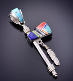 Reversible Silver Multistone Navajo Inlay Tomahawk Pendant by TSF 3L07X