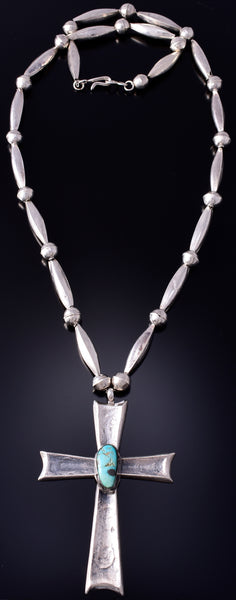 Vintage Silver & Turquoise Navajo Pearls w/ Cross Pendant Necklace 5G28Q