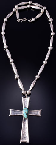 Vintage Silver & Turquoise Navajo Pearls w/ Cross Pendant Necklace 5G28Q