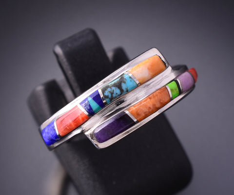 Size 7 Silver & Turquoise Multistone Navajo Inlay Wrap Ring by TSF 3L16L