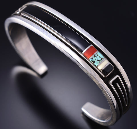 Preowned Silver & Turquoise Multistone Navajo Inlay Bracelet Albert Nells 6A21O