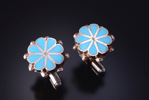 Silver & Kingman Turquoise Zuni Inlay Concho Cufflinks by Pino Yuni 5D09L