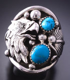 Size 9-3/4 SIlver & Turquoise Navajo Eagle Ring by Jeanette Saunders 4A12F
