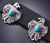 Silver & Turquoise Navajo Handmade Eagles Earrings by Kenny Lonjose 3J16V