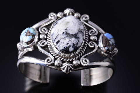 Silver & Golden Hills Turquoise White Buffalo Navajo Bracelet Erick Begay 6C01G