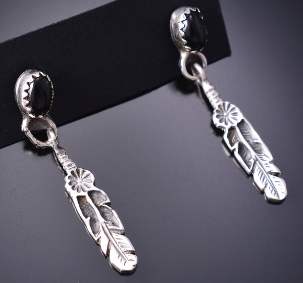 Silver & Onyx Navajo Eagle Feather Earrings by Letricia Largo 6D22T