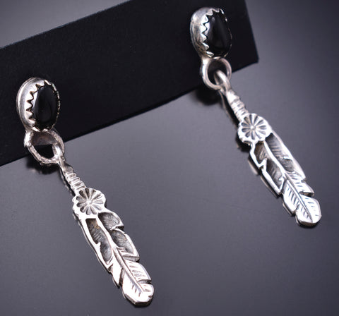 Silver & Onyx Navajo Eagle Feather Earrings by Letricia Largo 6D22T
