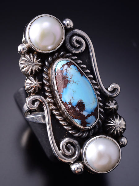 Size 7-1/2 Silver & Golden Hills Turquoise Pearl Navajo Ring Erick Begay 6F28C