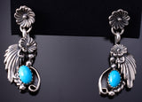 Silver & Turquoise Navajo Feather w/ Flowers Earrings by Verley Betone 6D07V