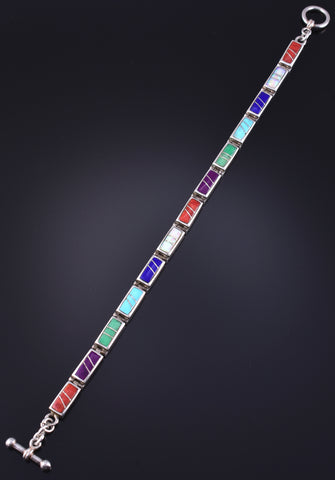 Vintage Silver & Turquoise Multistone Navajo Inlay Link Bracelet 5L17H