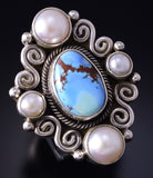 Size 8 Silver & Golden Hills Turquoise Fresh Pearl Navajo Ring Erick Begay 5F30J