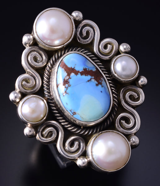 Size 8 Silver & Golden Hills Turquoise Fresh Pearl Navajo Ring Erick Begay 5F30J