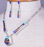Zuni Mulitstone Silver & Lapis Inlay Necklace with Earrings by Elena Panchella 5L23K