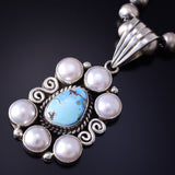 Silver & Golden Hills Turquoise Fresh Pearl Navajo Pendant by Erick Begay 5F30W