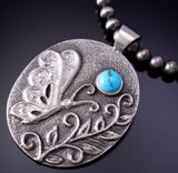 Silver & Turquoise Navajo Tufacast Butterfly Land Pendant Rebecca T. Begay 5B19Q