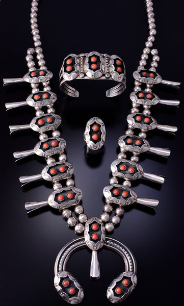 Vintage Silver & Coral 3- Piece Navajo Necklace & Bracelet w/ Ring SET 4K28J