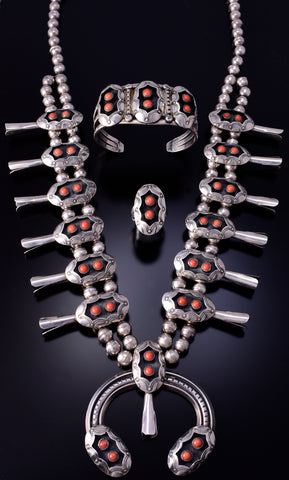 Vintage Silver & Coral 3- Piece Navajo Necklace & Bracelet w/ Ring SET 4K28J