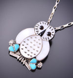 Silver & Mother of Pearl w/ Turquoise Zuni Inlay Owl Pendant & Brooch by Regina Kallestewa 3F12Y