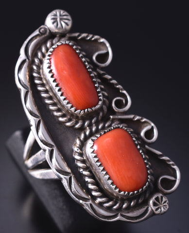 Size 6-3/4 Vintage Silver & Mediterranean Coral Navajo Handmade Ring by LS Benally 5L13K