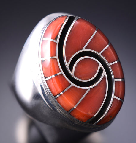 Vintage Size 12-3/4 Silver & Coral Zuni Inlay Men's Ring by Dickie Quandelacy 6E14G