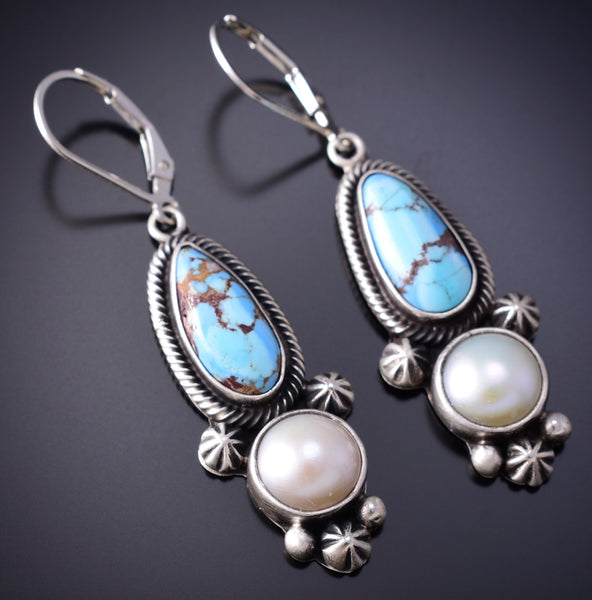 Silver & Golden Hills Turquoise Fresh Pearl Navajo Earrings by Erick Begay 6H16Z