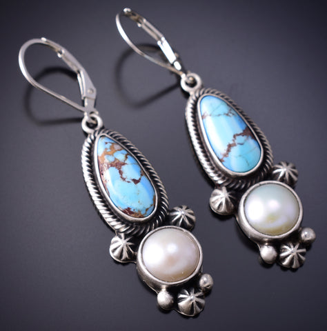 Silver & Golden Hills Turquoise Fresh Pearl Navajo Earrings by Erick Begay 6H16Z