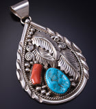 Silver & Turquoise w/ Coral Eagle Feathers Navajo Pendant Julia Etsitty 5J18Z