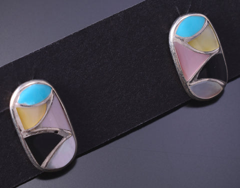 Silver & Turquoise Multistone Zuni Inlay Post Earrings 4J30Z