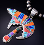 Silver & Turquoise Multistone Navajo Inlay Bear Pendant by Aldora Henry 5L13H