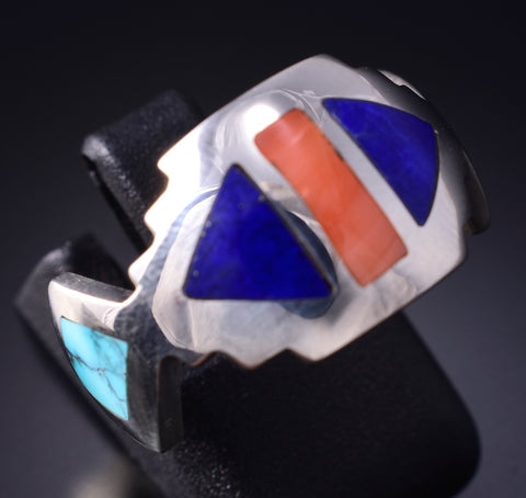 Vintage Size 7-3/4 Silver & Turquoise Multistone Navajo Inlay Ring by Richard Begay 5L13R