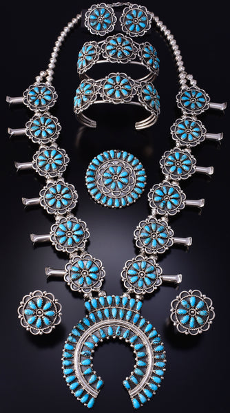 7-Piece Silver & Turquoise Petit Navajo Squash Blossom Necklace Set by M 5J29K
